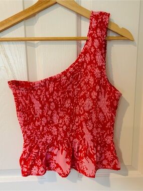 Vici One-Shoulder Red & Pink Floral Smocked Peplum Top Sz Small